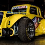 Yellow classic car with Liqui Moly sponsorship logo