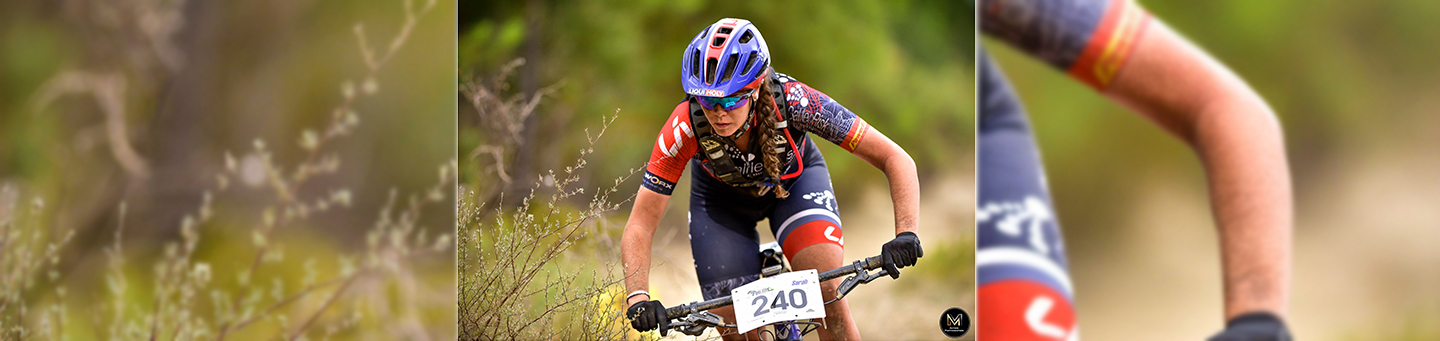 Female cyclist riding off road