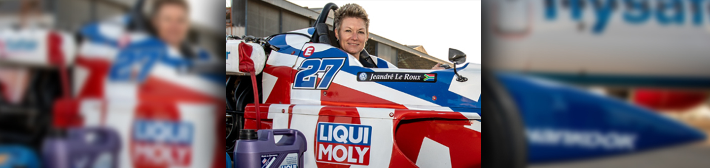 Country Director, Melicia Labuschagne, in Liqui Moly sponsored race car
