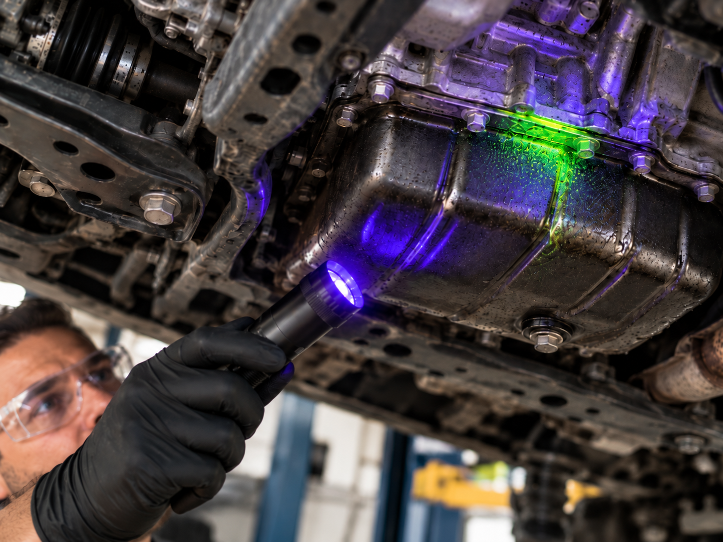 Illustrative workshop inspection showing a technician using a UV torch to locate a fluorescent green trace at an engine oil sump seam.